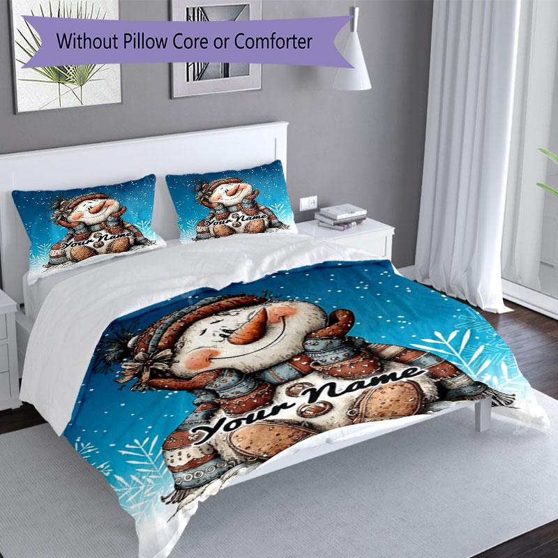 3PC Custom Name Snowman Winter Wonderland Bedding Set Printed Bedding Set Duvet Cover Closure Includes 1 Duvet Cover & 2 Pillowcases for All Seasons B
