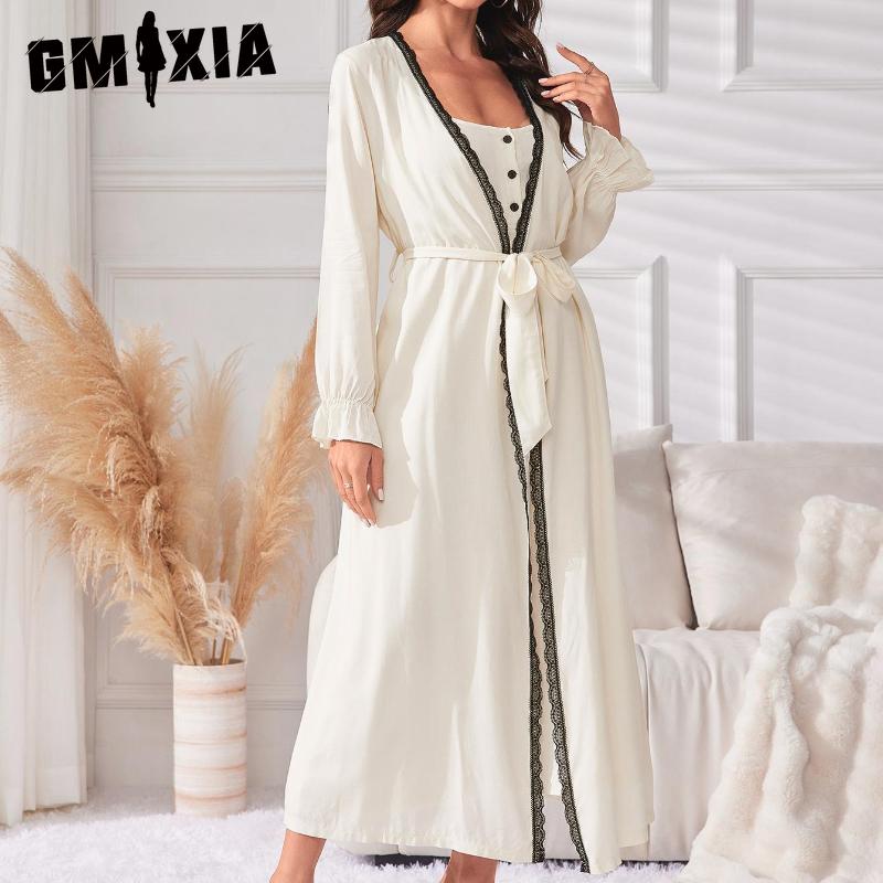 

GMXIA Simple Leisure In The Long Section of The Halter Nightgown Robe Female Two-piece Four Seasons Long-sleeved Ladies Home Pajamas XL бежевый