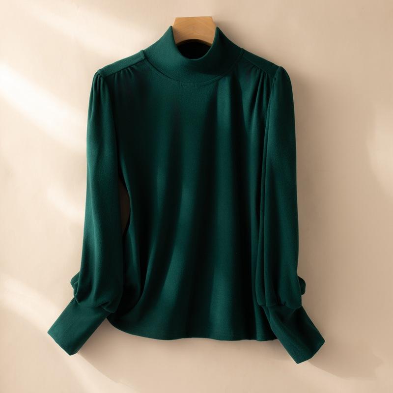 Camisa de Otoño e Invierno para Mujer con Cuello Medio Alto, Volantes en los Hombros y Bajo, Top Ajustado de Manga Larga