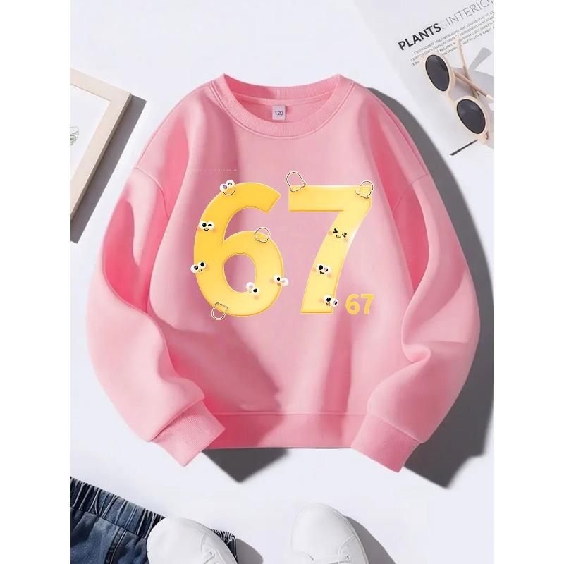 Birthday Gift For Kids Aged 4-12 Cute Yellow Cartoon Face Safety Pin Number 67 Graphic Sweatshirt Unisex Boys Girls Kawaii Pink Soft Fleece Crewneck