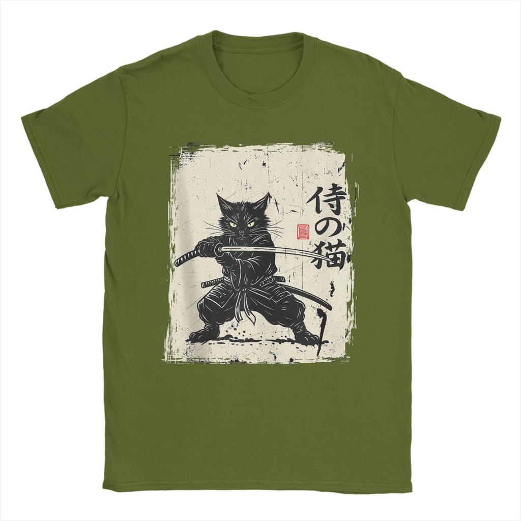 Vintage Anime Cat Japanese Art Funny Samurai Cat T Shirts Unisexs Cotton Vintage TShirt Round Neck Tees Short Sleeve Tops 5XL 6XL