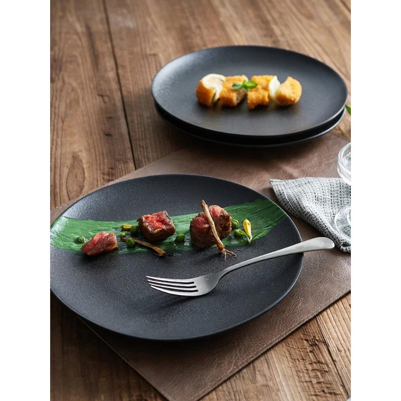 Japanese Restaurant Cutlery Black Frosted Steak Plate Dinner Cooking Dishes Kitchen Utensils Porcelain Round Salad Dessert Plate
