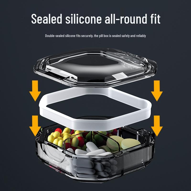 Tragbarer Wochenpillenspender: Feuchtigkeitsbeständig, kompakt und versiegelt für einfachen Transport.