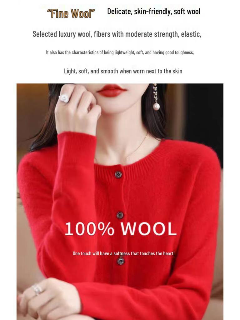 Women's Seamless Round Neck 100% Pure Wool Cardigan for Spring & Autumn