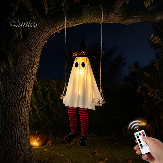 Ijesztő Tornácra Akasztható Díszek Halloween Lengő Szellem Dekoráció, Világító Nagy Lengő Fesztivál Hangulatú Kellékek Boszorkánykalap és Csíkos Lábak ehhez