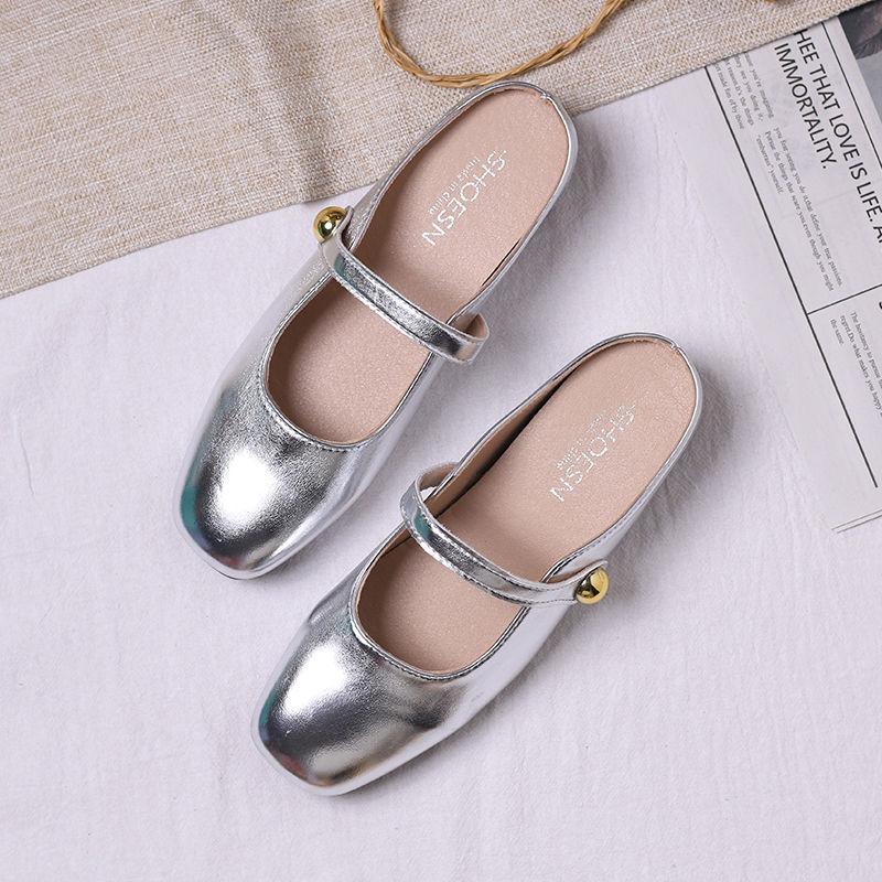 Silver inner heightening bag head half slippers women's outer wear 2025 summer new versatile small Mary Jane Mill shoes