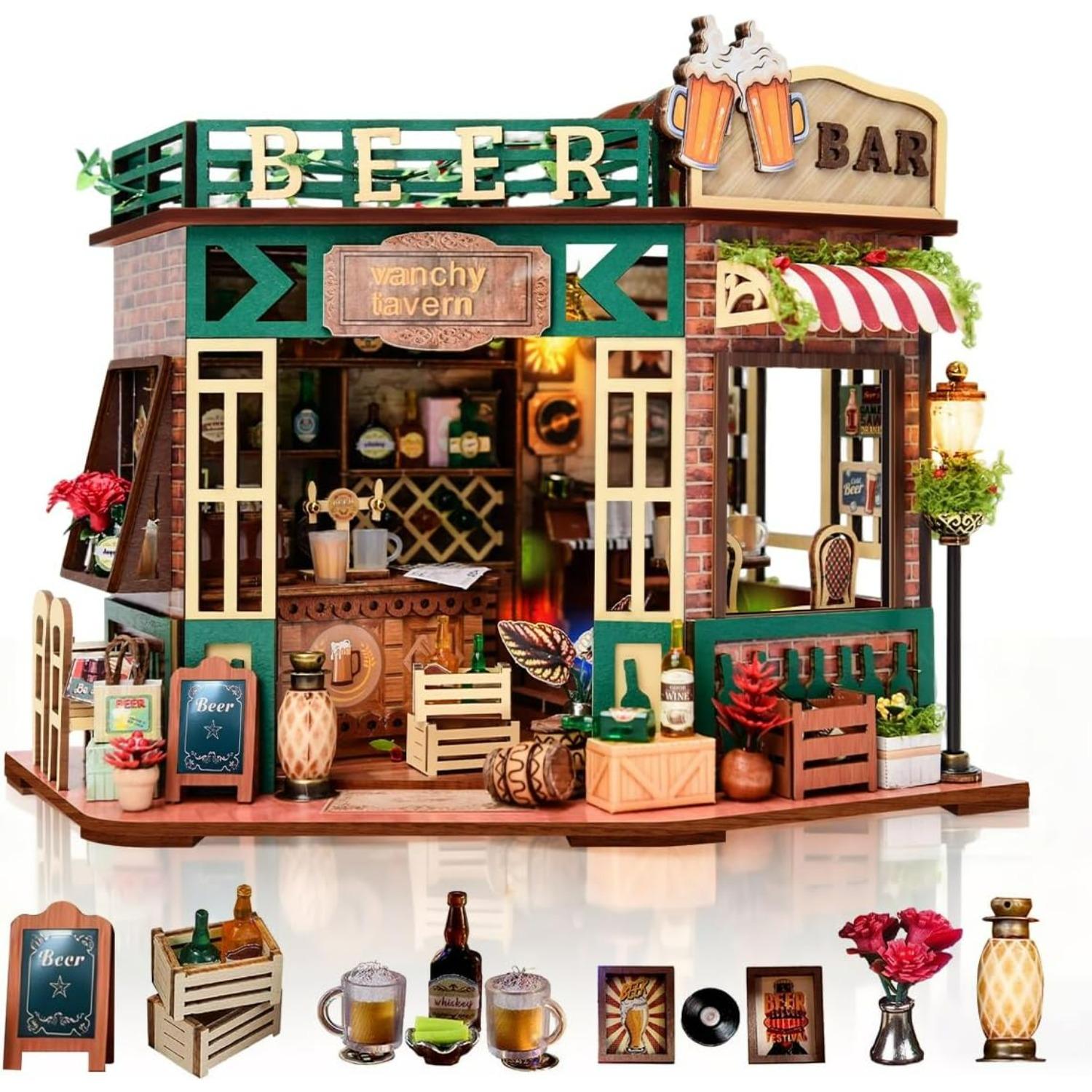 DIY Wooden Miniature House & Book Nook Kits,Bistro Modern Styles Doll House with LED Lights,Furniture,Beginner-Friendly for Adults & Teens,for Lovers Q