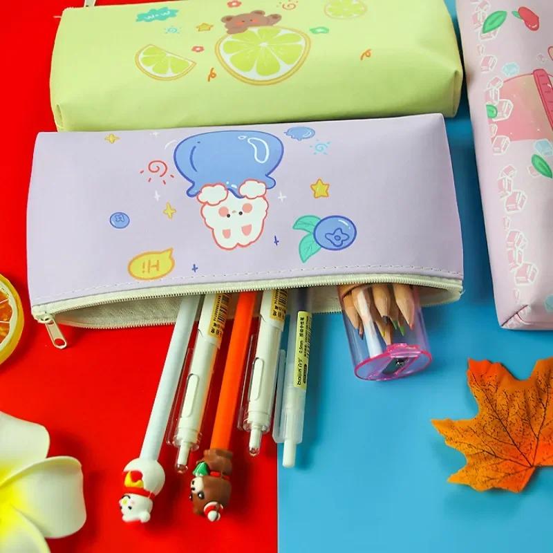 Cute Candy Color Cartoon Bear Rabbit Fruit PU Pencil Case Portable Large Capacity Stationery Storage Bag Kawaii School Supplies