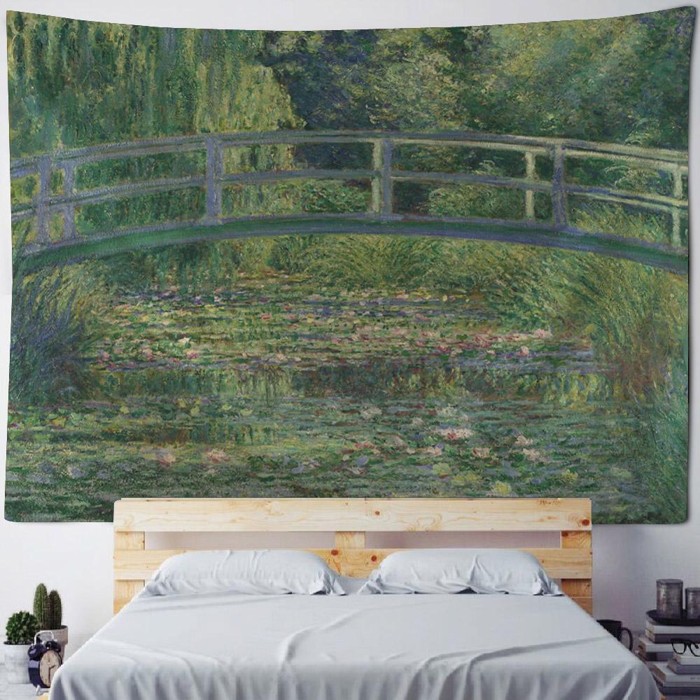 Retro oil painting, water lily print, tapestry, flower and plant wall hanging, home decoration, abstract aesthetic tapestry