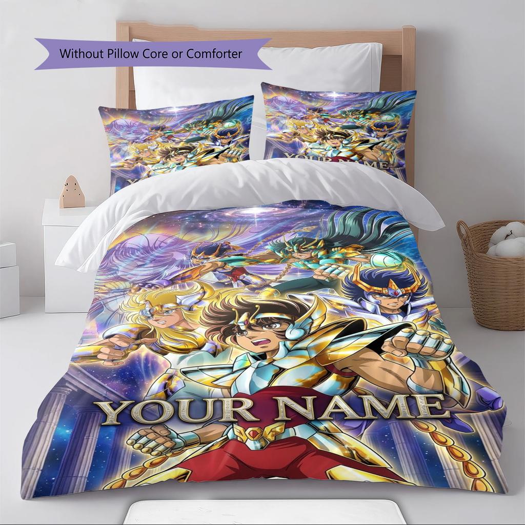 Name Custom Anime Saint seiya Pattern Bedding Set Quilt Cover Pillowcase Home Decor Gift (1 * duvet cover + 2 * pillowcase, without core)