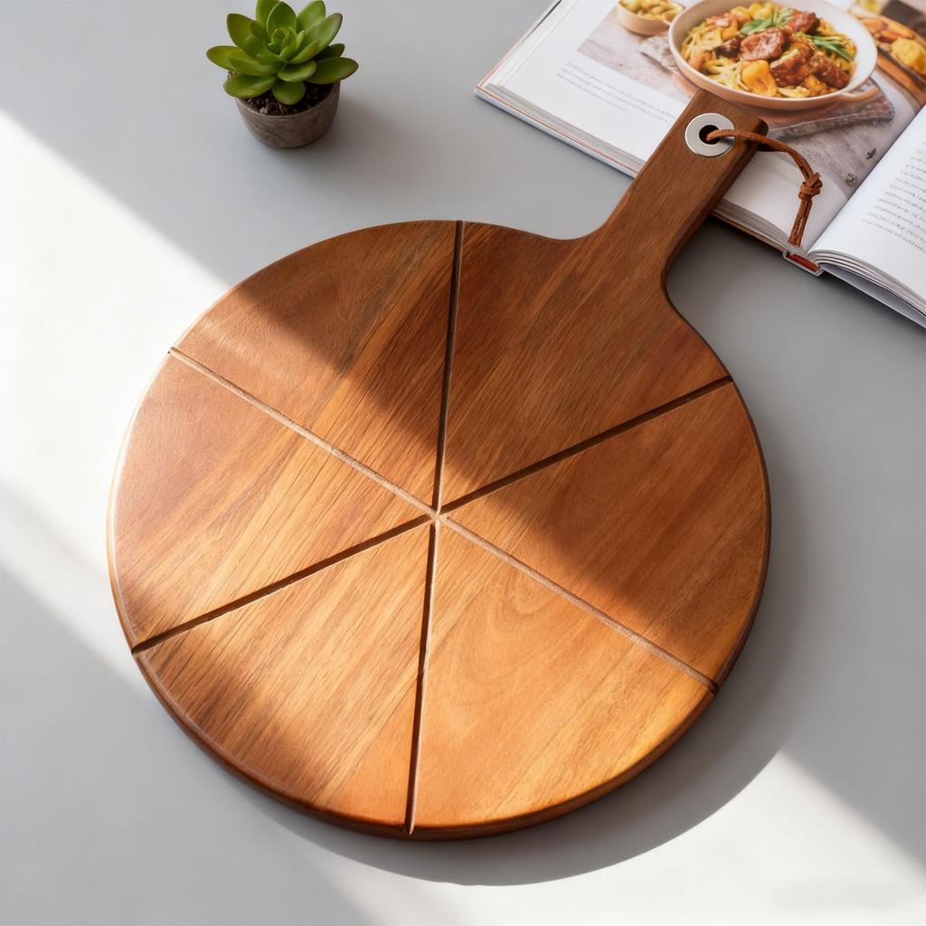 Wooden Pizza Peel With Handle Serving Platter Wooden Pizza Paddle Round Cutting Board For Home Kitchen Baking Oven Accessories