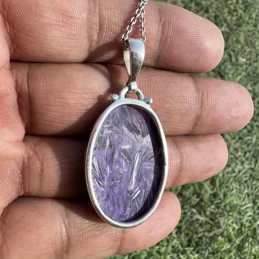 Natural Charoite Gemstone Pendant Necklace in 925 Sterling Silver,