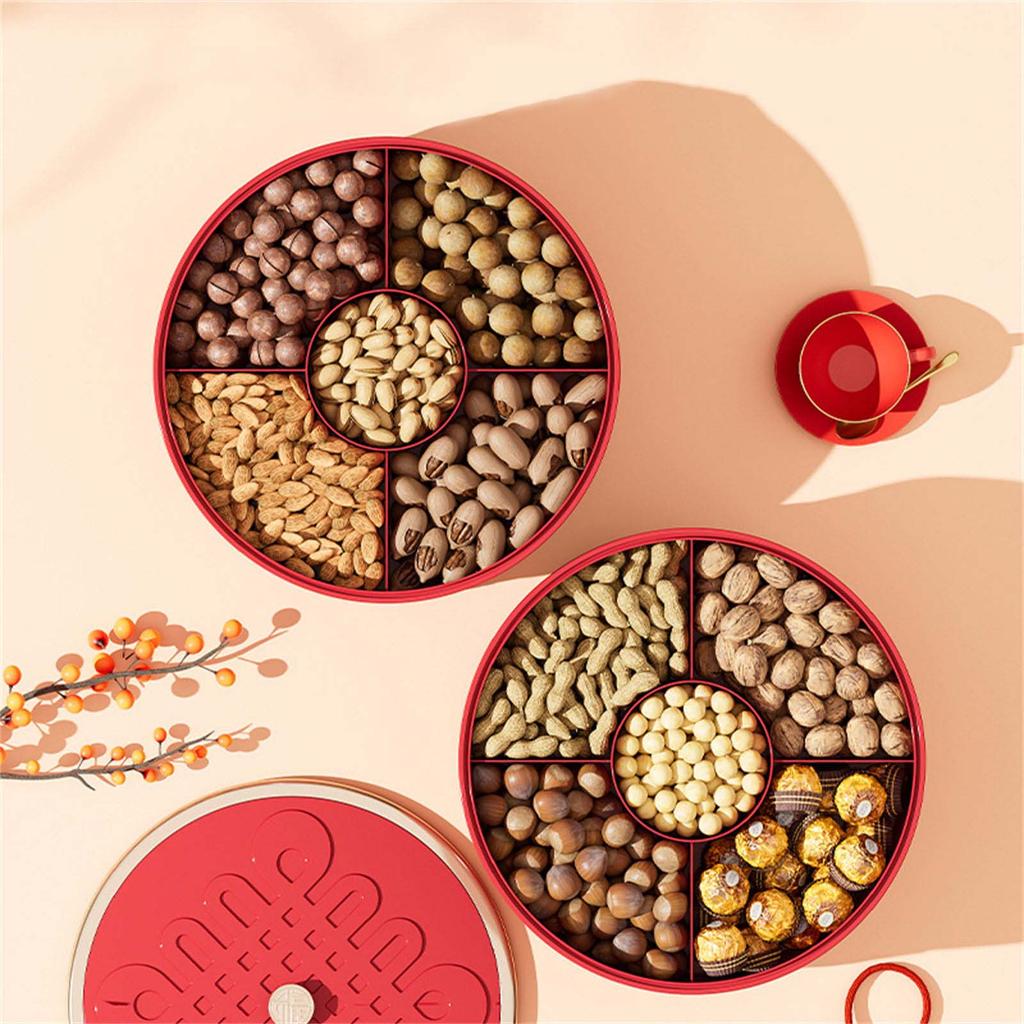 Snack-Servierschale Kunststoff Unterteilt mit Deckel Chinesisches Knotenmuster für Frühlingsfest Nüsse und Rosinen Aufbewahrungsbox