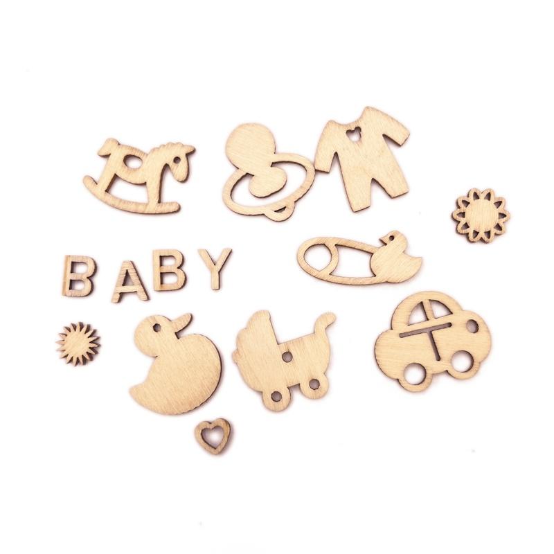 100Pcs Mini Laser Cuts Wood Shape Baby Pram Rocking Horse Pacifier for Home Party Decoration Craft Project