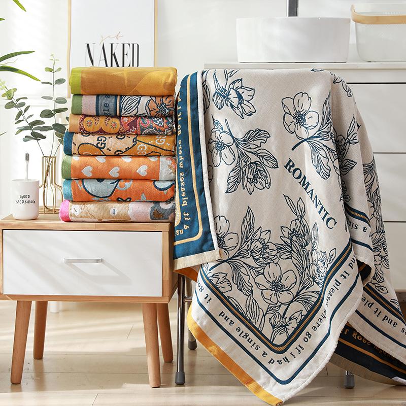 80 X 160cm Pure Cotton Gauze Bath Towel Woven Cartoon Bath Towel Summer Home Bathroom Large Wrap Soft  Beach Towels