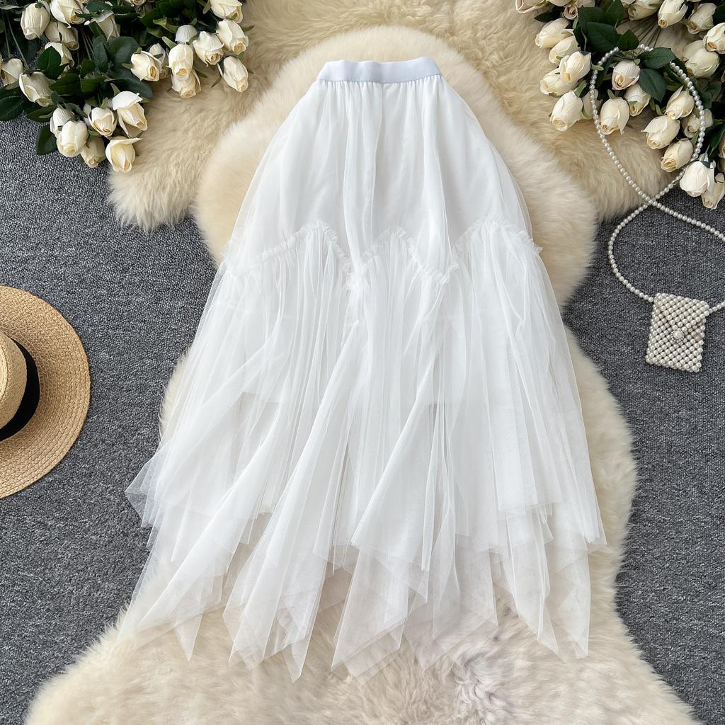 Summer Women Sweet Mesh Patchwork High Waist Long Midi Skirt