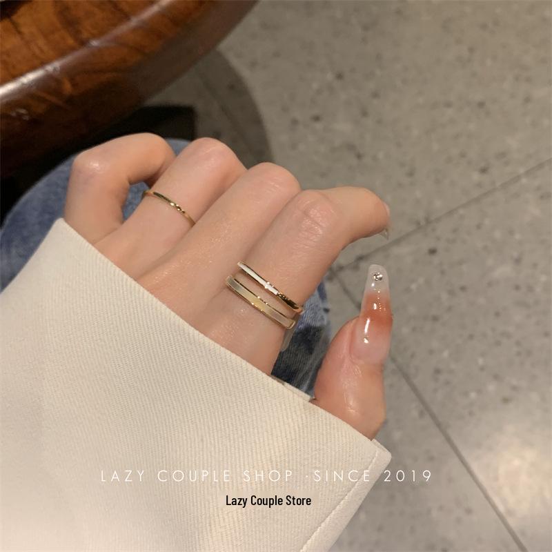 Elegant Trendy Open-End Mother-of-Pearl Double-Layer Ring for Women - Lightweight Luxury Design