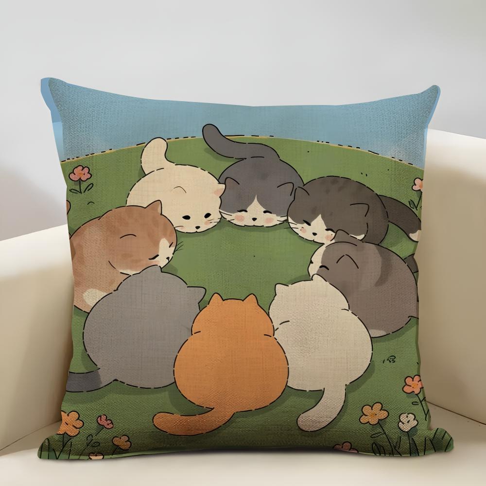 1 Cartoon Cute Cat Picture ForWake Up Cushion Cover Household Decoration Linen Sofa Cushion Cover: Skin-Friendly & Breathable Wi