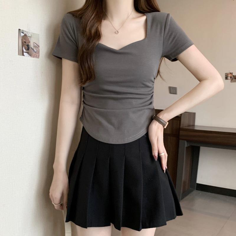 Women's Square Neck Slim Fit Pleated T-Shirt, Summer 2025 Trend