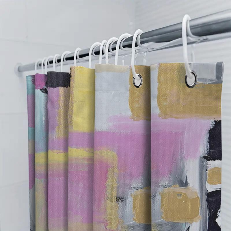 Modern Abstract Shower Curtain Bathroom Decor Artistic Colorful Pink Gold Blue Yellow Black Gray Size Customizable Waterproof Fa