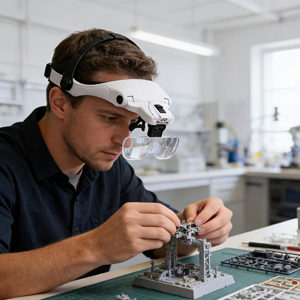 Head Magnifier With LED Light, Adjustable Headband, 5 Interchangeable Lenses 1.0X‑3.5X, For Model Making, Repair, Jewelry Work