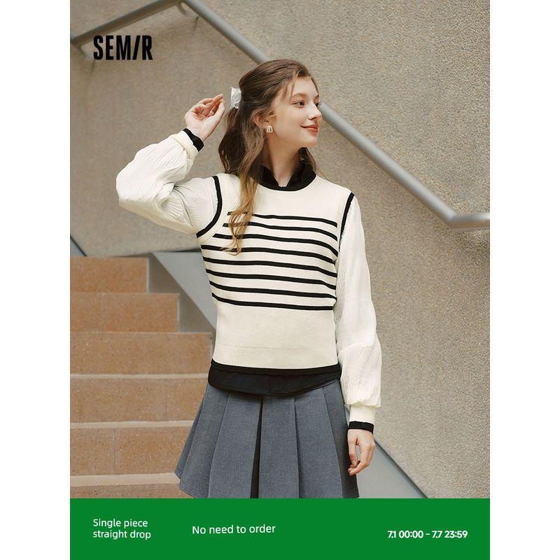 

Senma Knitwear Женский Короткий Трикотажный Пуловер в Полоску, Имитация Двойки, Элегантный, Новинка 2024, Весенний, Рабочая Одежда White and black tone 00319 155/80A/S