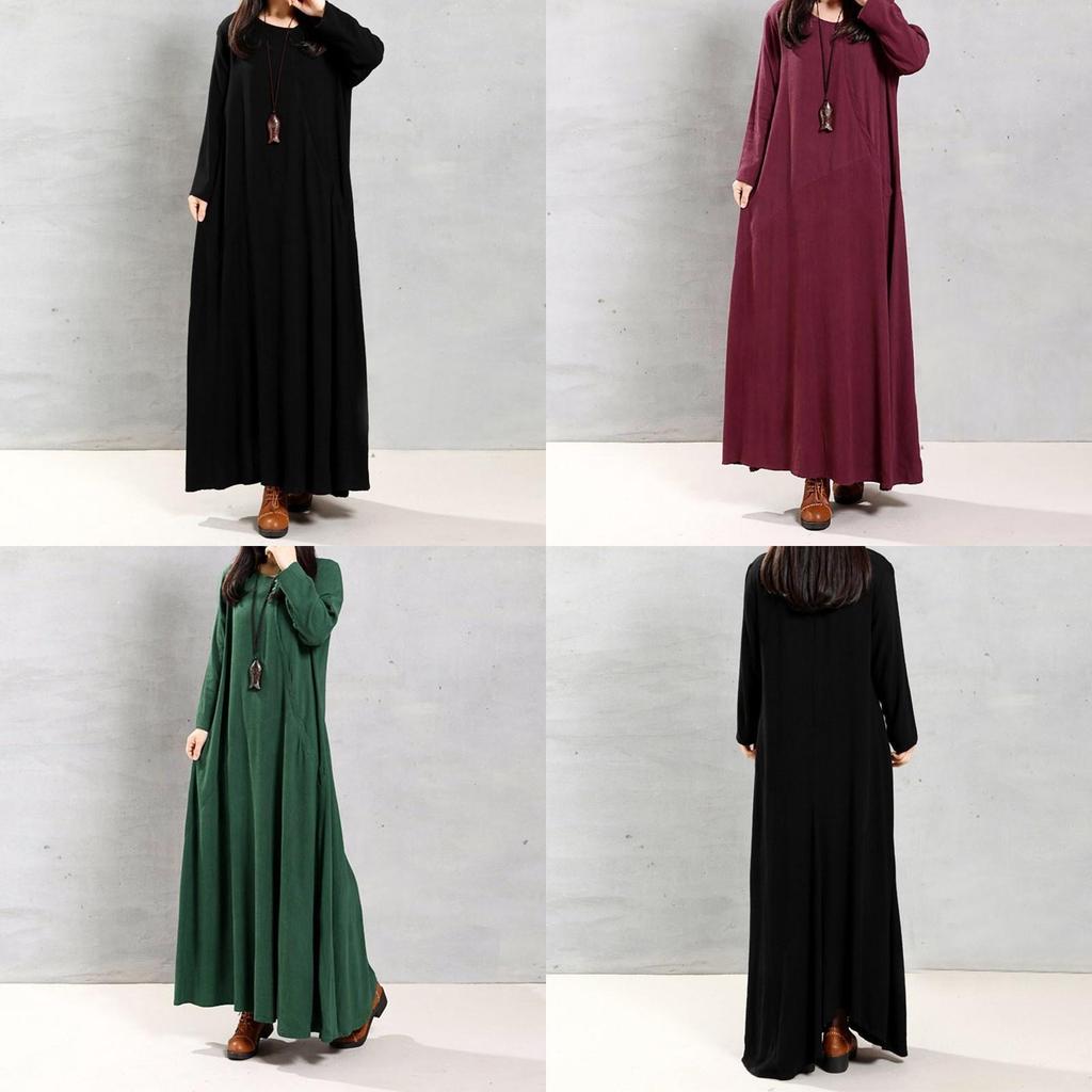 Elegant Plus Size Women Cotton Long Sleeve Vintage Kaftan Casual Maxi Dress