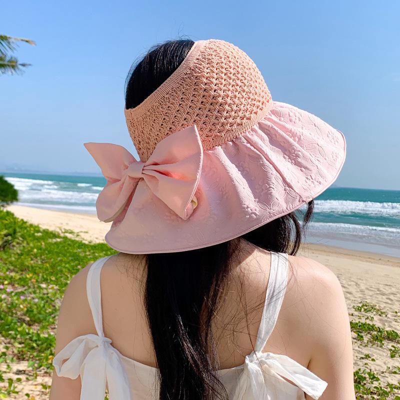 2026 Korean-Style Women's Open-Top Sun Hat with Color Gel Embossed Bow - Summer Outdoor Travel Sun Protection