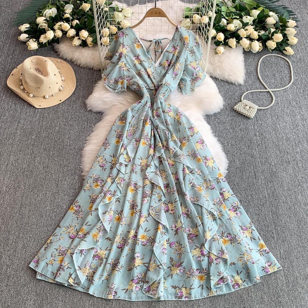 French Retro Coffee Break Floral V-neck Short-sleeved Dress for Women's Summer Waist and Thin Ruffle Edge Big Swing Long Skirt