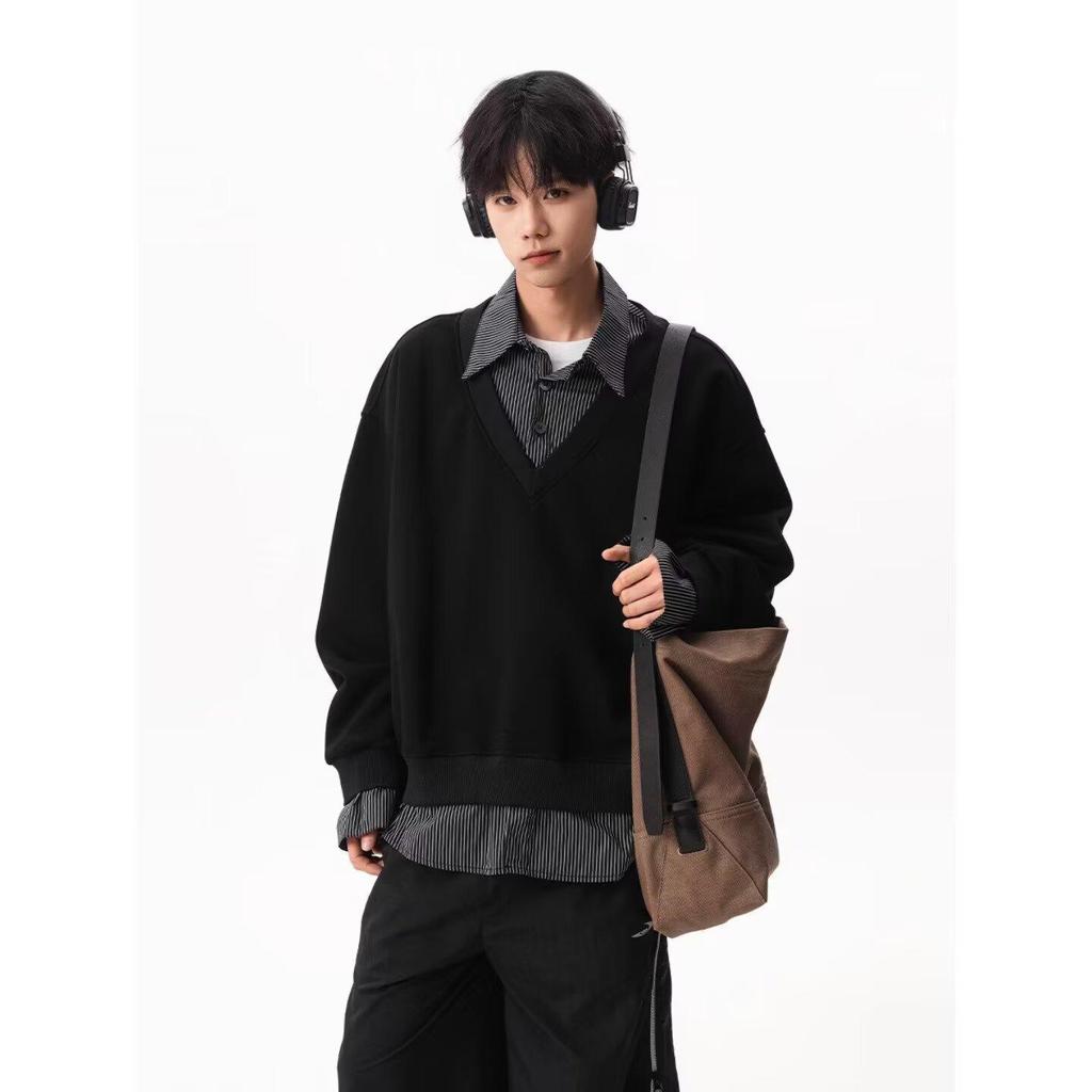 Autumn Faux Two-Piece Hoodie - Unisex Korean Style Loose Pullover with Shirt Collar