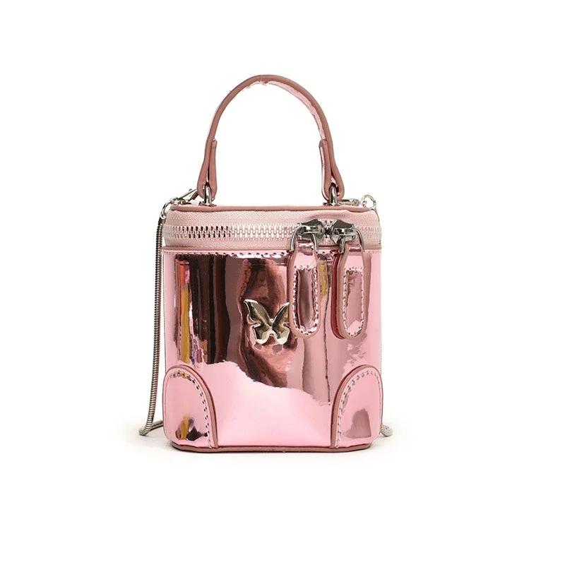 Monochromatic shiny PU shoulder bag for women solid color stitching chain mini bucket with zipper crossbody bags fashion