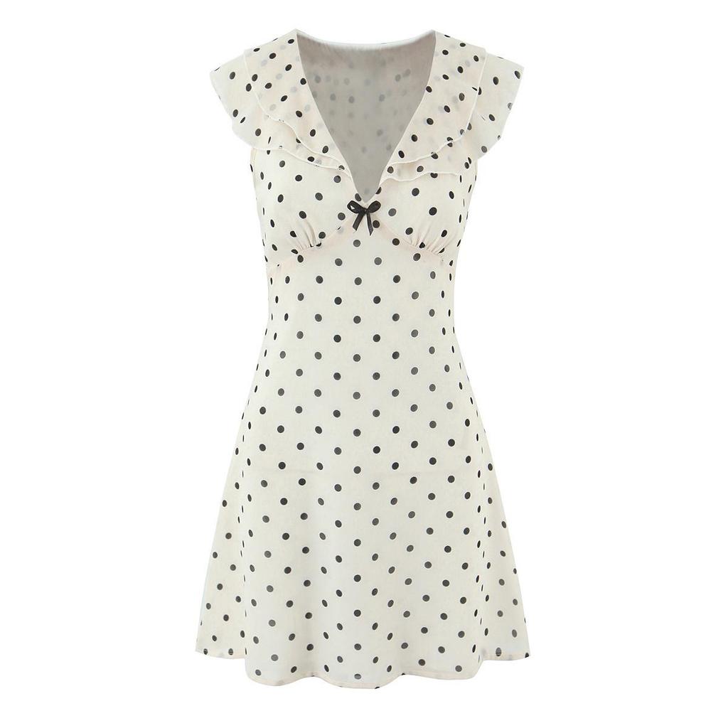 2026 Chic Polka Dot Ruffle Chiffon V-Neck Mini Dress