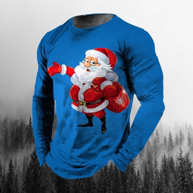 Round Neck 3D Christmas Printed Top Casual Long Sleeved Men's T-shirts - Soft Medium Stretch Polyester Fabric Spring and Autumn Relaxed Fit Clothing
