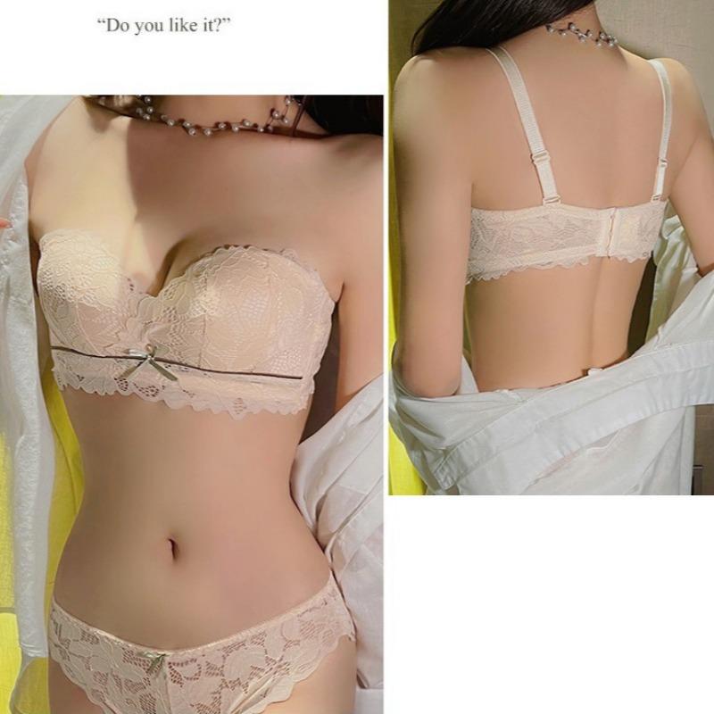 Small Chest Push-up Anti-sagging Lace Underwear Top Lift Thin Strapless Invisible Non-slip Bra Set