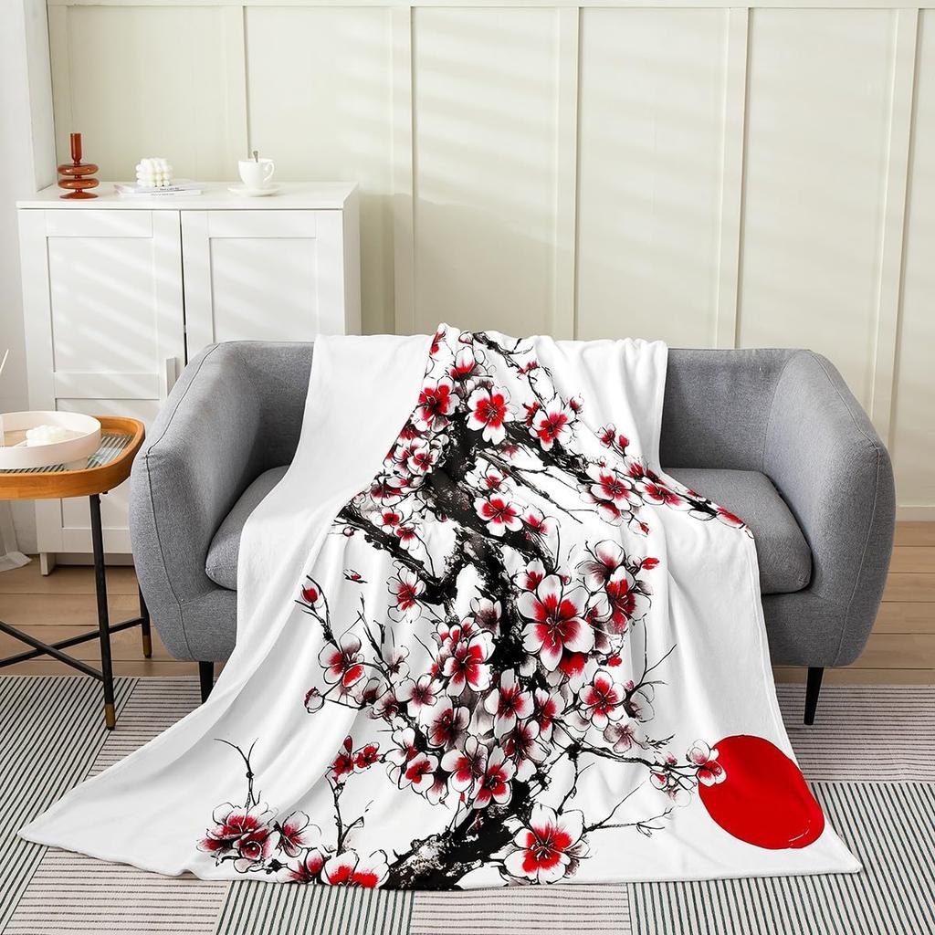 Japanese Floral Throw Blanket X Plush Cherry Blossoms Flannel Fleece for Sofa Couch Kids Room Decor