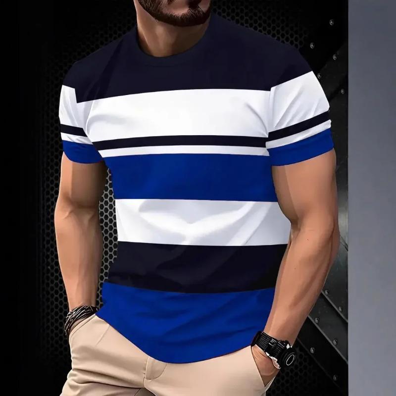 Men's Fashion 3D Stripe Printed T-shirt Micro Elastic Breathable Short Sleeve Outdoor Sports Speed Drying Large Size Top