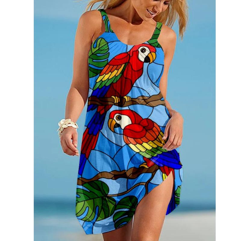 Sunflower Parrot Print Strap Mini Beach Dress Women Boho Summer Sexy Floral Dress Sleeveless Party Evening Dresses