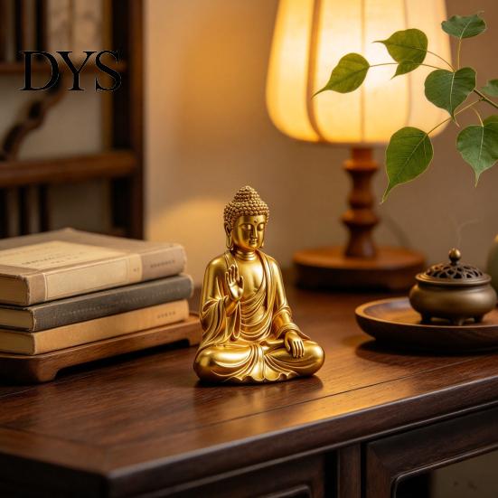 Decoratief Boeddha Ornament voor Woonkamer 3D Geprint Gouden Beeldje, Zittend Shakyamuni Figuurtje, Beeld Sculptuur Meditatie Decoraties met Serene