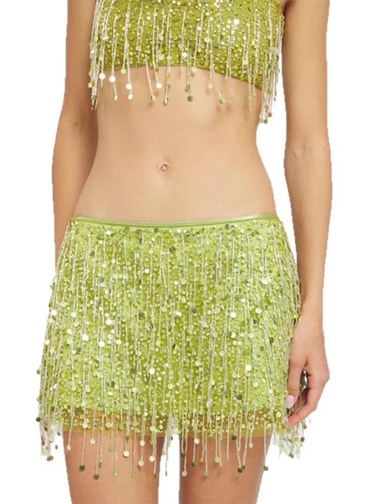 Sexy Fransen Pailletten Crop Top und Rock Set - Damen Sommer 2025 Kollektion