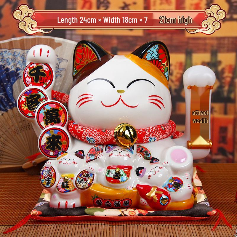 8-Inch Lucky Cat Ceramic Ornament with Automatic Waving Hand