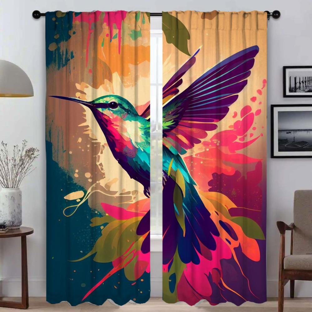 Set Of 2 Kitchen Curtains Camera Hummingbird Birds Living Room Partition Halloween Decoration Window Curtain Modern Made Polyester Sitting Treatment