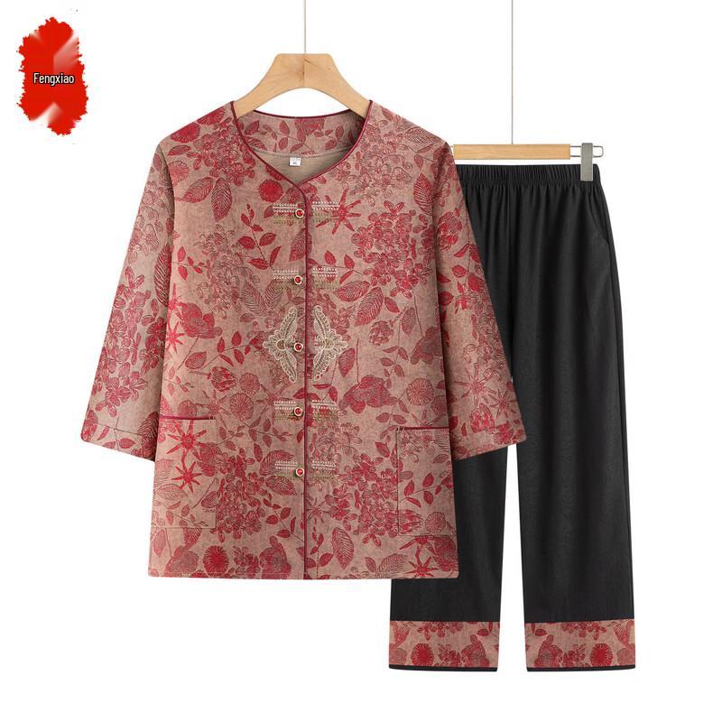 Fengxiao Women s Chinese Style Printed Summer Two-Piece Set 2XL