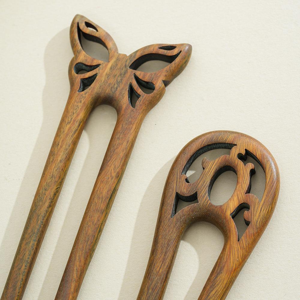 Handmade Wooden U-Shaped Double Hairpin: Ancient Style Updo Accessory for Hanfu