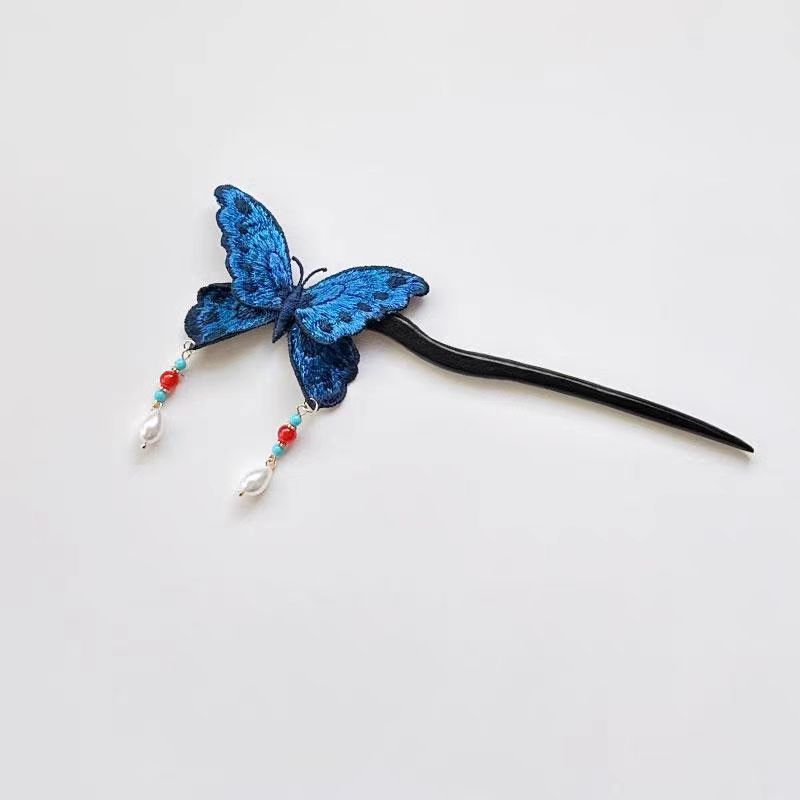 Handmade Antique Style Blue Butterfly Embroidered Hairpin Chinese Hanfu Accessory Hairpin Ancient Style Side Hairpin Headwear