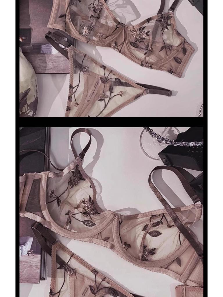 Conjunto de sujetador sexy de encaje francés con bordado: Diseño Adelgazante Transparente para Pechos Grandes o Pequeños, Reduce la Grasa Lateral, Efecto Recogido Ultradelgado