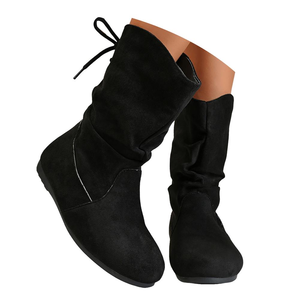 Women's Comfortable Round Toe Low Heel Flat Sole Casual Fashion Lace Up Simple Soft Mid Chicken Rain Boots for Women Wide Calf