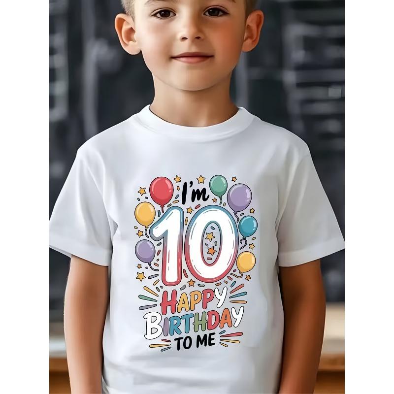 European Sizes Boy T-Shirt - Red Balloon and Star Print, Lightweight and Breathable Short Sleeve Crew Neck Casual Summer Top, Birthday Party Outfit