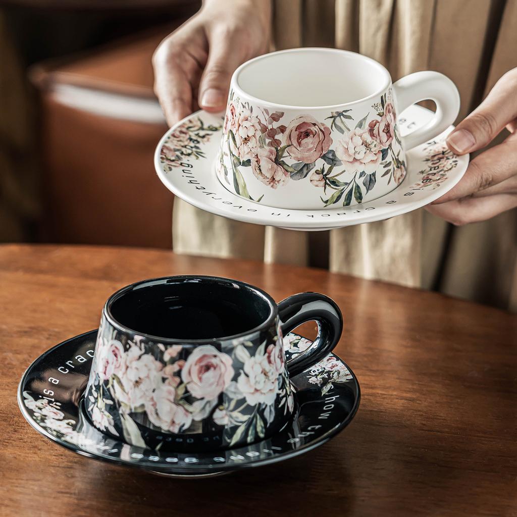 French Retro Cup And Saucer Ceramic Cup Coffee Cup Light Luxury Printing Mug Household Afternoon Tea Latte Cup