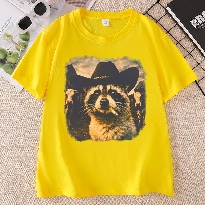 Funny Cowboy Raccoon TShirt Animal Meme Graphic Tee Vintage Comfortable Cotton Short Sleeve Loose Tees Streetwear