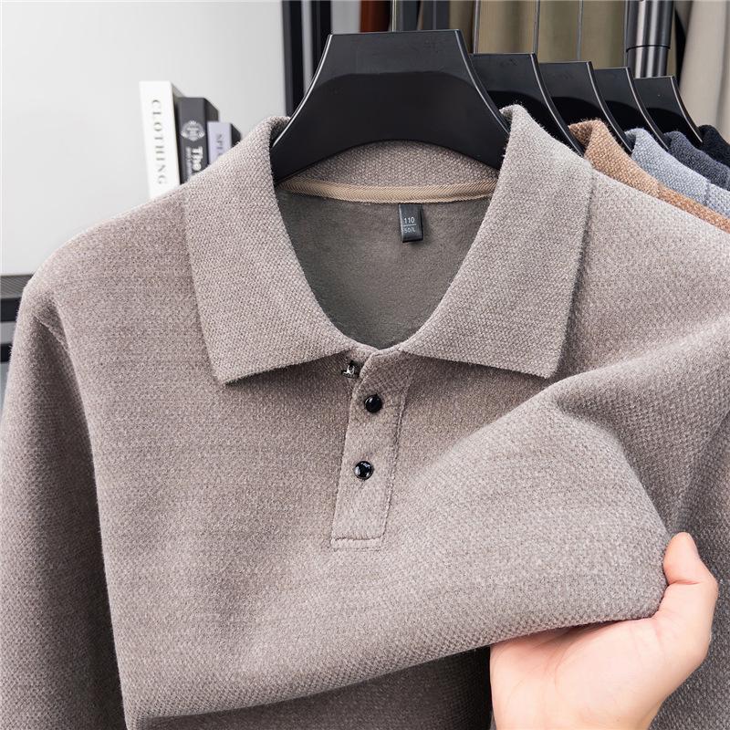 Men's Plus Velvet Knitwear Winter Lapel Polo Shirt - Middle-aged Casual Warm Long Sleeve Sweater Base Layer